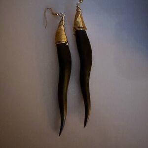 Unique Black/Dark Brown  Bone or Horn and Brass Long Dangle Earrings
